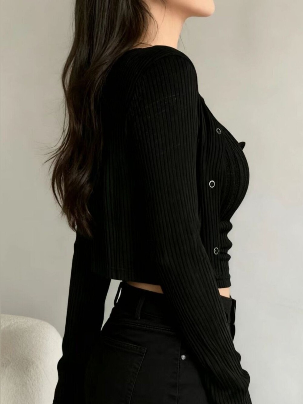 Black Ribbed Button-Front Tank Top and Cardigan Set- Full & Plus Sizes - Picture 4 of 7